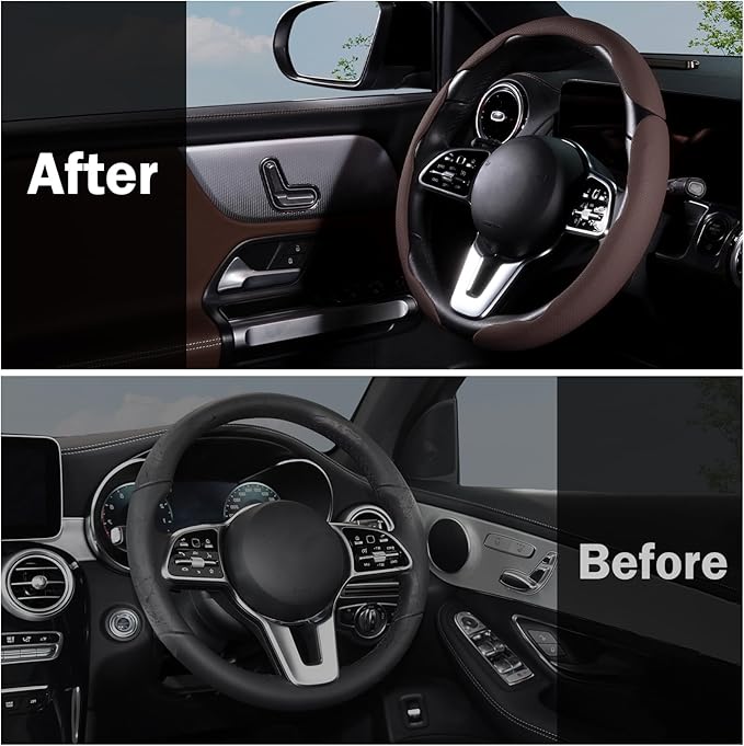 Car Steering Wheel Cover Leather Snap On 3Pcs Set Non-Slip Protector Wrap Steering Wheel Accessories 14.5-15 inch Universal B