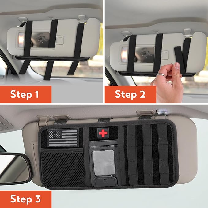 Molle Car Sun Visor Organizer, Tactical Visor Organizer with Zipper Pocket, Glasses Clip & ID Card, Semi-Rigid Molle Panel for Police Gear & Overlanding Accessories, Fit Trucks, SUVs, Jeeps, Black