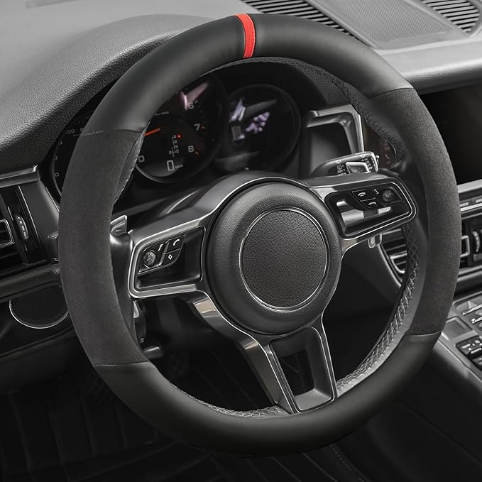 Suede Steering Wheel Cover with Upgraded Silicone Inner Ring, Anti Heat, Breathable, Anti-Slip, Leather Universal 14.5 to 15 
