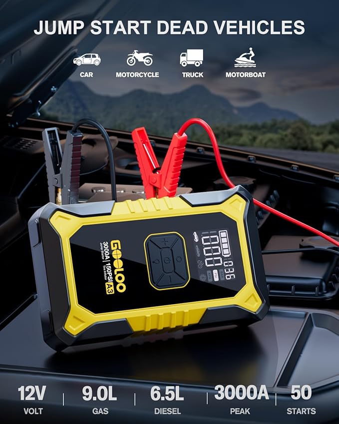 GOOLOO A3 Jump Starter with Air Compressor, 3000A Portable Car Battery Jumper Starter (9.0L Gas/6.5L Diesel) with