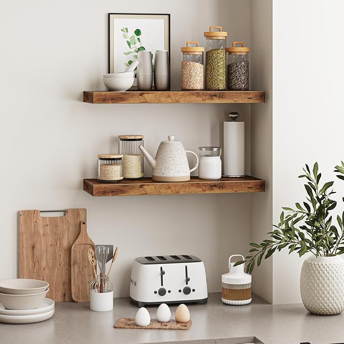 Fixwal Floating Shelves for Wall, 22" Long Wall Mounted Rustic Wood Shelves for Living Room, Bedroom, Bathroom and Kitchen, W