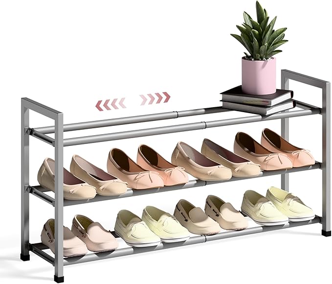 Bumusty 3-Tier Expandable Shoe Rack for Closet, 18“-33” Adjustable Shoe Rack for Small Space, Small Shoe Organizer for Front 