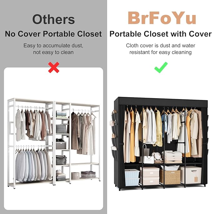 Portable Closet for Hanging Clothes, 67 Inch Wide Portable Wardrobe Closet with Cover, 4 Hanging Rod, Storage Shelves and Sid