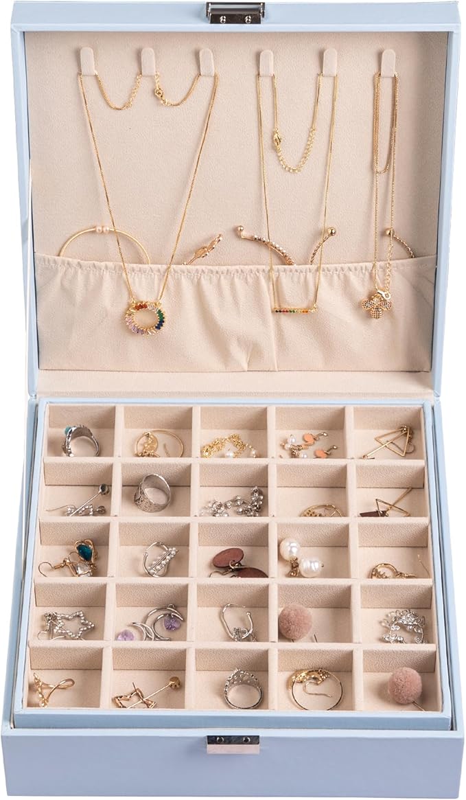 Frebeauty Earring Organizer Classic Jewelry Box 50 Slots Double Layer Jewelry Storage Case with 6 Necklace Hook and Bracelet 