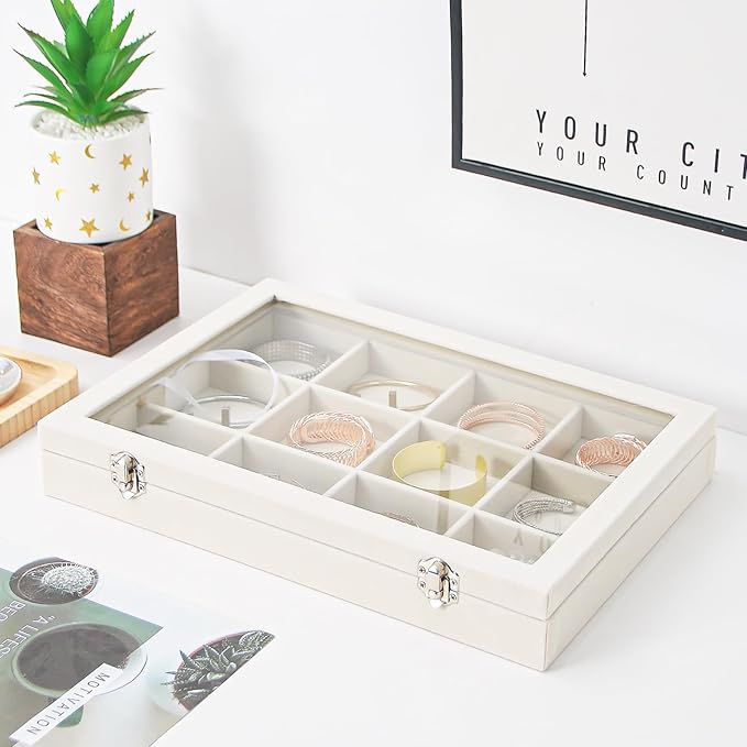 Coward Jewelry Organizer Box, Beige Velvet 12 Grids Bracelet Bangle Necklace Jewelry Display Tray Case with Transparent Glass