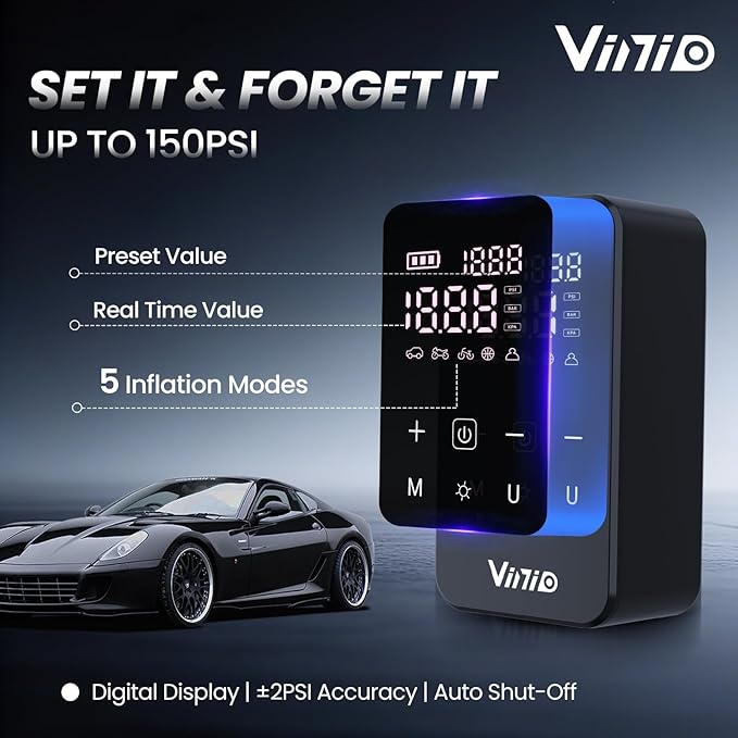 Vinid Cordless Air Compressor, 75W Portable Tire Inflator with Digital Pressure Gauge, Auto Shut Off, Fast Inflation for Car Tires, Bike, Motorcycle, Balls & Inflatables, Rechargeable Battery Powered