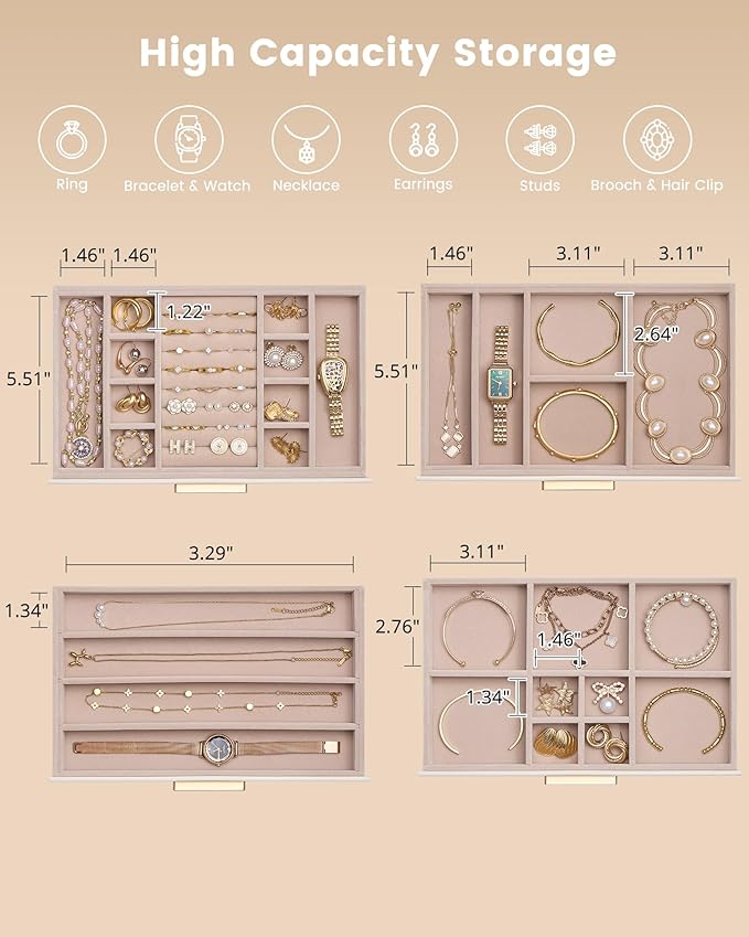 Lolalet Jewelry Box Organizer, 4-Layer Jewelry Organizers and Storage Case with Glass Lid, Ring Earring Bracelet Necklace Hol