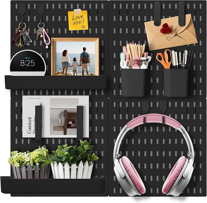Wall Organizer Pegboard Kit, Wall Control Peg Board with 18 Pcs Accessories, 4 Pack Plastic Wall Mount Display Storage Panels