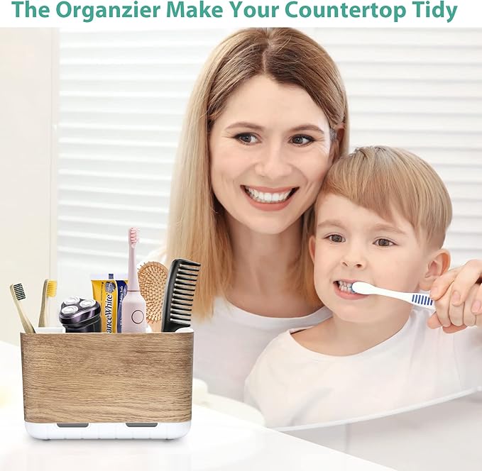 Boperzi Toothbrush and Toothpaste Holder Wood Grain for Bathroom Countertop with Adjustable Dividers, Toothpaste Caddy Organi