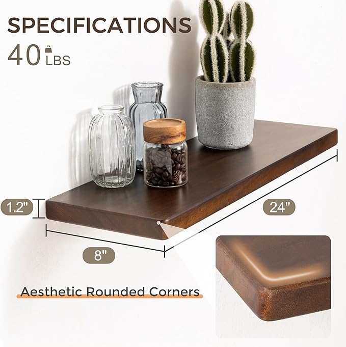 24" Rustic Walnut Wood Floating Shelves, 8 Inch Deep Wall Shelves for Home Decor, Wall Mounted Floating Shelf with Invisible 