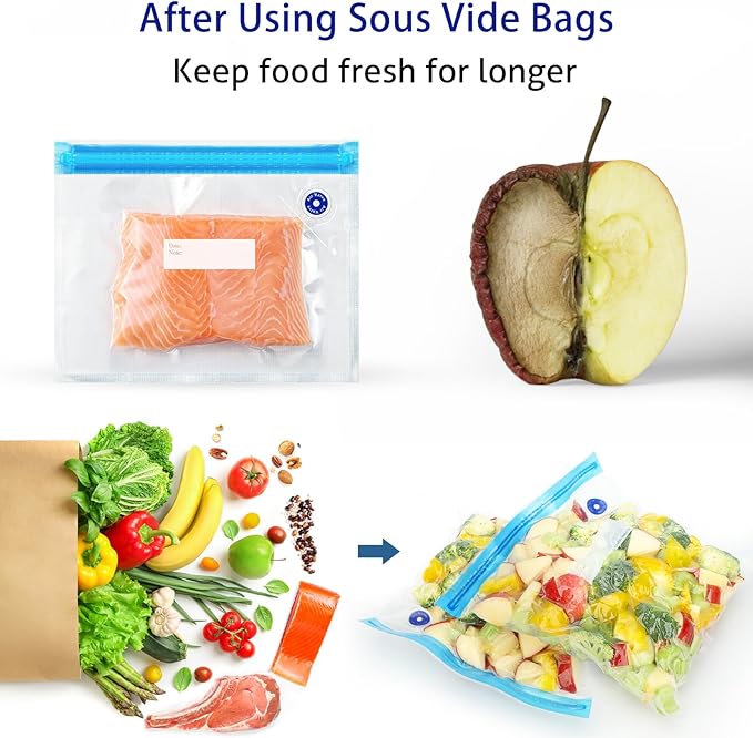 Sous Vide Bags 31 Pcs (24 Pcs Vacuum Zipper Bags & 2 Seal Clips & 5 Air Valves), Reusable BPA Free Vacuum Sealer Bags (13 * 1