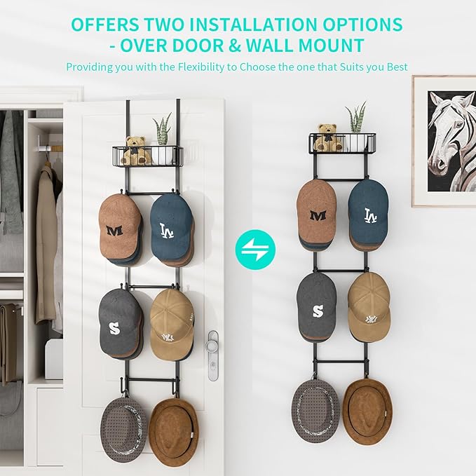HapiRm Over Door Hat Rack - 2 Packs Wall Mounted Hat Holder with 6 Hooks and Metal Basket Design, Baseball Cap Organizer Stor