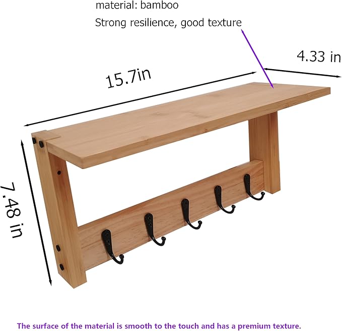 Wall Shelf with Hooks, Multi-Purpose Wooden Shelf & Metal Hooks for Home Entryway, Living Room,Office - Heavy Duty Coat Rack 