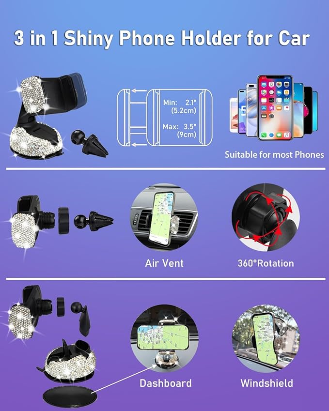 Belinous 27 PCs Bling Car Accessories for Women, Girl Car Accessories for Interior, Bling Steering Wheel Cover 14.5-15in, Bling License Plate Frame, Bling Phone Holder, Cup Coasters (Silver Diamond)