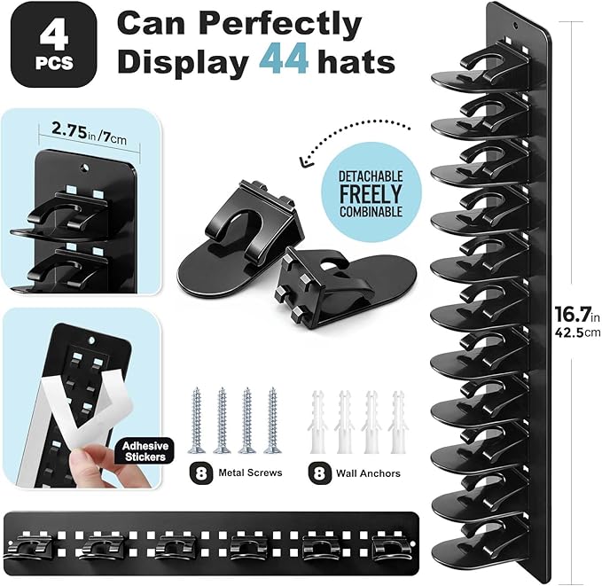 4 Pack Hat Organizer for Baseball Caps, Detachable DIY Hat Rack for Wall Hat Holder Hold up to 44 Hats, Baseball Cap Organize