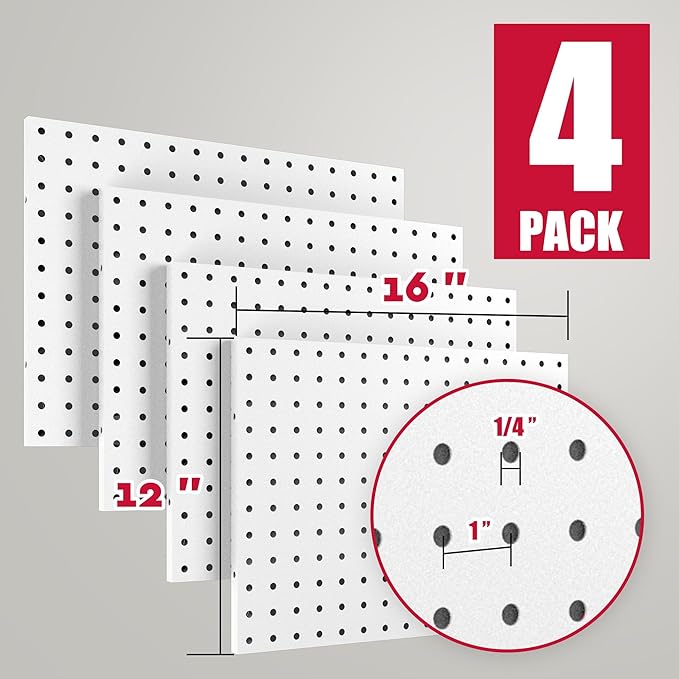 Spampur Peg Board, 4 Pack Metal PegBoard Organizer with Accessories, White Pegboard Panels with 50 Pcs Hooks and Baskets, Wal