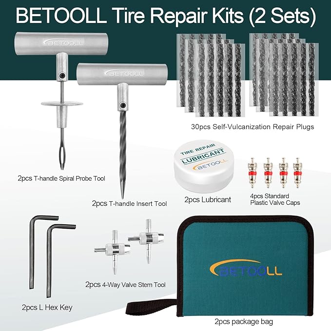 Tire Repair Kit, Sets of 2-24pcs Professional Heavy Duty Universal Emergency Flat Tire Repair Kit to Fix Punctures, for car M