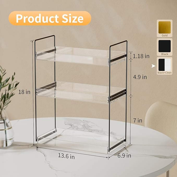 Bathroom Countertop Organizer, 3 Tier Metal Vanity Counter Skincare Shelf, Matte Black Under Sink with Acrylic Tray, Home Sto