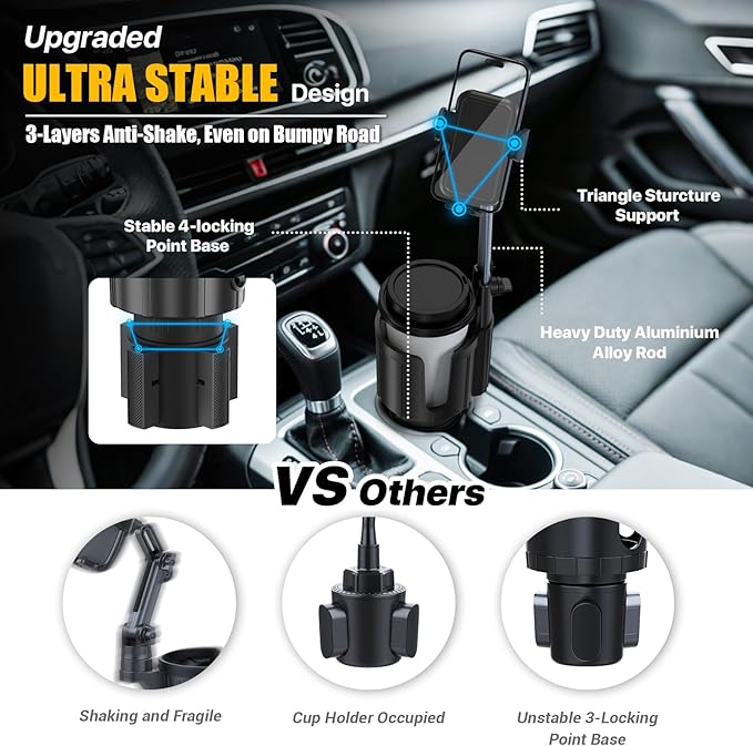 Car Phone Mount with Cup Holder Expander - Upgraded Anti-Shake 2-in-1 Cup Phone Holder for SUVS Trucks with Adjustable Alumin
