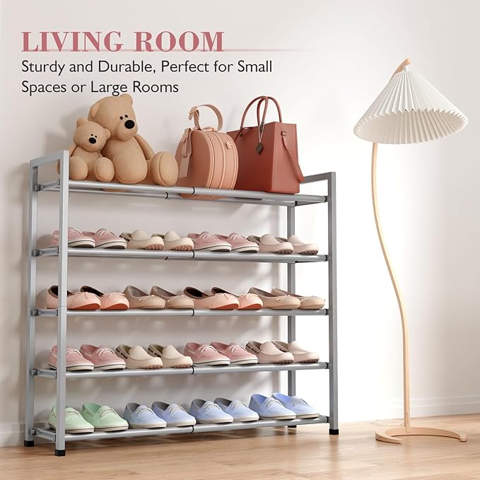 Bumusty 5-Tier Expandable Shoe Rack for Closet, 18“-33” Adjustable Shoe Rack for Small Space, Small Shoe Organizer for Front 