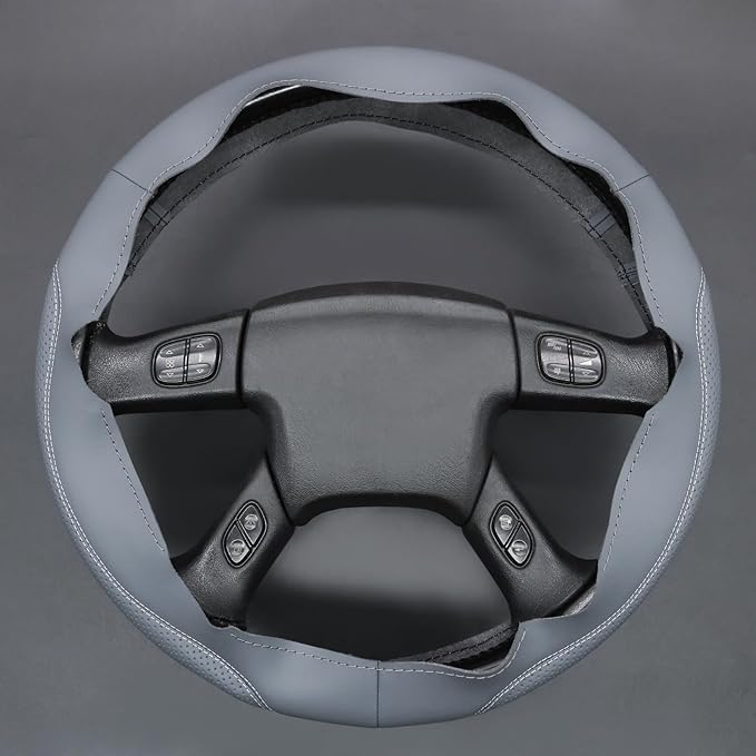 MEWANT Hand Stitch Steering Wheel Cover for Chevy Silverado 1500 2500 3500 2003-2006 Silverado Classic 2007 Trailblazer 2002-2009 Custom Grey Genuine Leather Interior Accessory Wrap Restoration Kit