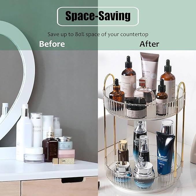 Rotating Makeup Organizer Countertop 2 Tier Lazy Susan Trays Clear Skincare Perfume Storage for Bathroom Counter Vanity, Tran