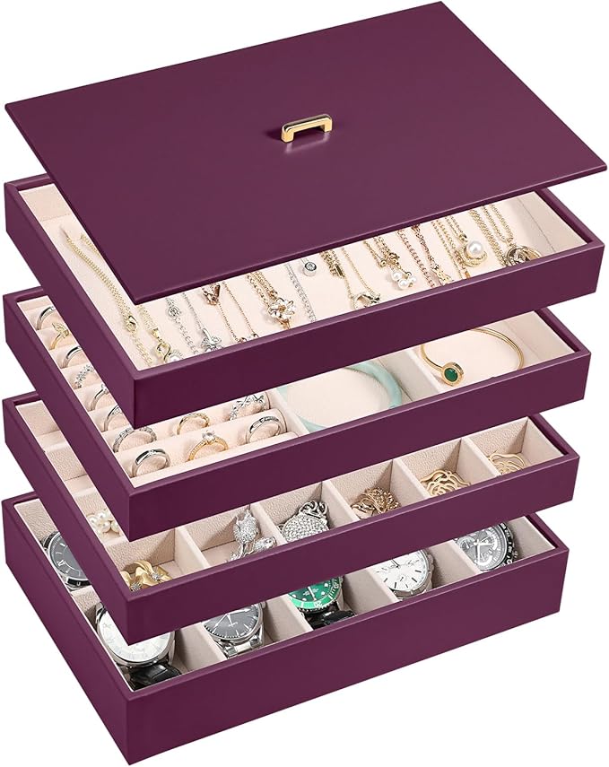 Voova Stackable Jewelry Organizer Tray with Lid, PU Leather Jewelry Storage Holder for Drawer Inserts, Jewellery Display Box 