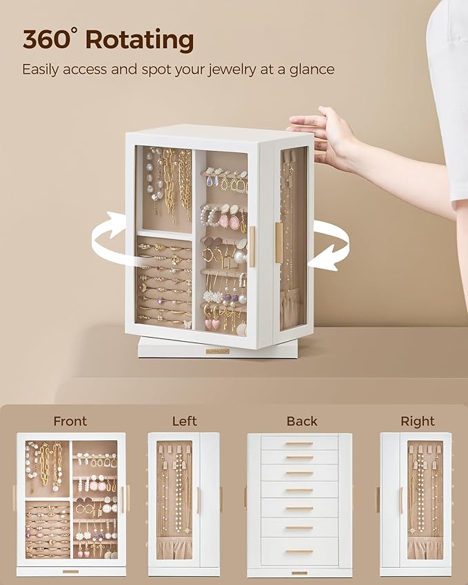 Glimmloop 360° Rotating Jewelry Box with 7 Drawers, Spacious Vertical Jewelry Organizer with Glass Window, Jewelry Storage Ca