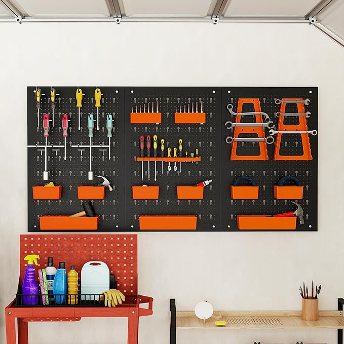Goplus Pegboard Wall Organizer, 9-Bin Parts Rack Organizer w/Hammer Racks, Tool Holders & Hooks, Heavy-Duty Utility Tool Stor