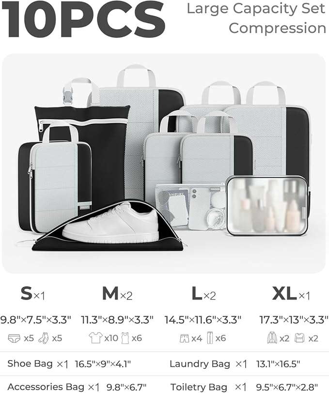 Percover Compression Packing Cubes 10-Piece Set, Packing Cubes Compression for Travel with Toiletry Bag, Laundry Bag & Shoe B