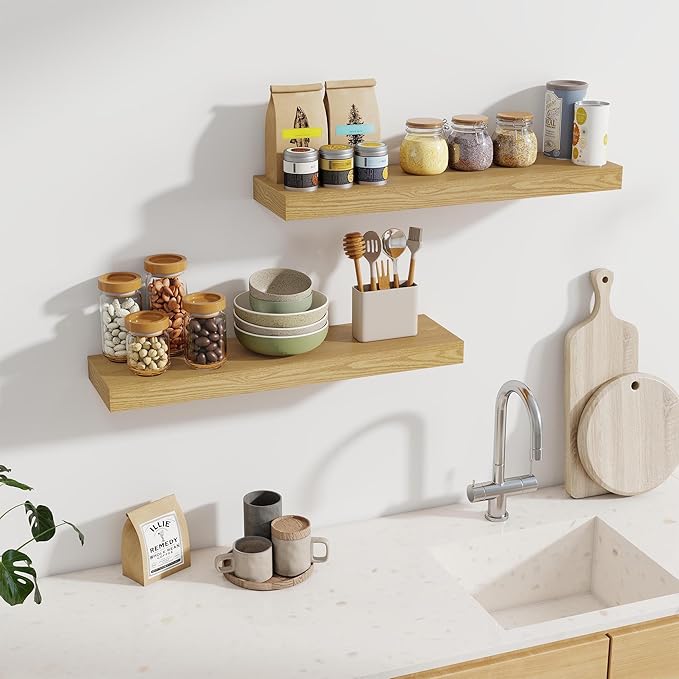 Fun Memories 30Inch Floating Shelves for Wall, 2 Pack Rustic Wood Shelves for Bathroom|Kitchen Wall Mounted Floating Shelf wi
