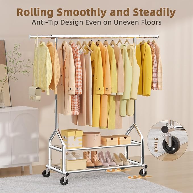 EAGMAK Heavy Duty Clothes Rack Load 556 LBS, Rolling Clothing Rack With Shelves, Height Adjustable Metal Clothes Hanger with 