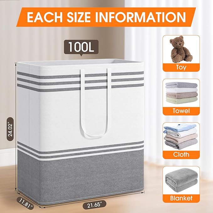 3 Pack Large Laundry Baskets, Laundry Hampers, Freestanding Waterproof Collapsible Clothes Bag with Extended & Reinforced Han