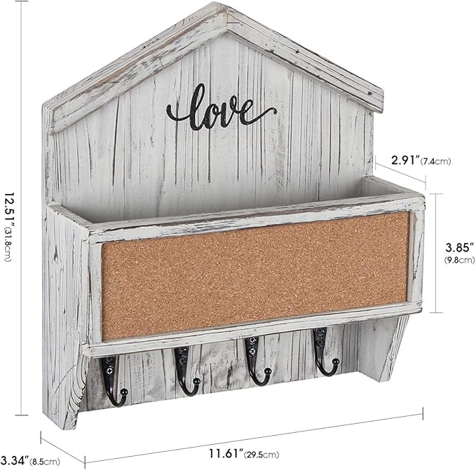 J JACKCUBE DESIGN Wall Mounted Rustic White Wash Mail and Key Holder, Wooden Floating Organizer with Mail Storage, 4 Key Hold