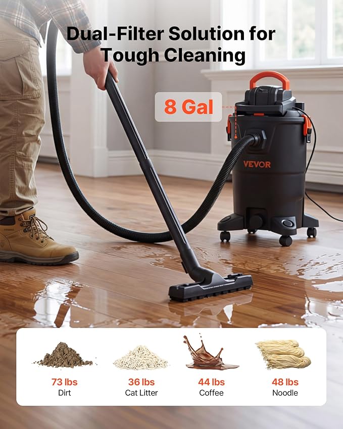 VEVOR 3-in-1 Shop Vac, 8 Gallon Wet Dry Shop Vacuum, 4.5 Peak HP Portable Vacuum Cleaner with Blower, Dual-Filter, 950W Input