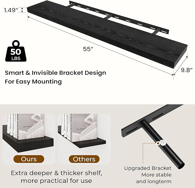 Dreamland 55 Inches Floating Shelves for Wall, 9.8" Deep Long Floating Shelves Set of 2, Large Display & Storage Shelf, Wall 