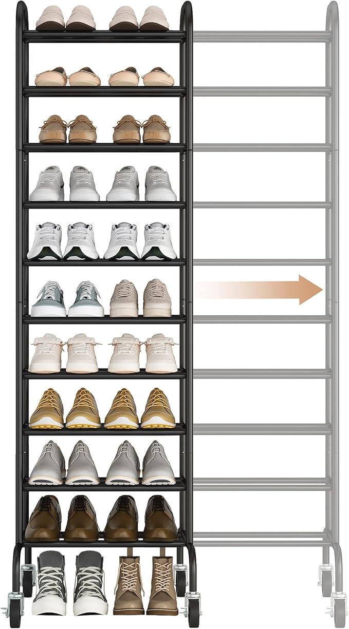 STORAGE MANIAC 10-Tier Expandable Shoe Rack, 44 Pairs Tall Vertical Shoe Rack, Heavy-Duty Metal Adjustable Shoes Organizer fo