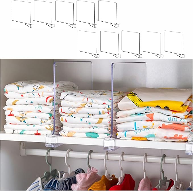 Yieach 10 Pack Clear Acrylic Shelf Divider for Closet Organization - 9.2″ Tall Closet Dividers for Wood Shelves,Cupboard,Vert