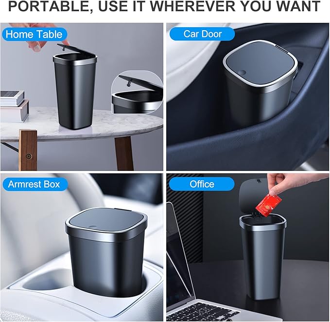 Mini Car Trash Can with Lid, Cup Holder Trash Can for Car with 3 Rolls Mini Trash Bags, Waterproof Small Car Garbage Can for Car Home Office Desk Bedroom -Square Black