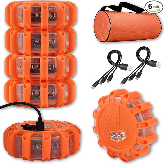 USB Rechargeable LED Road Flares Emergency Lights-Roadside Warning Car Safety Beacon Flashing Disc Flare Kit with Magnetic Ba