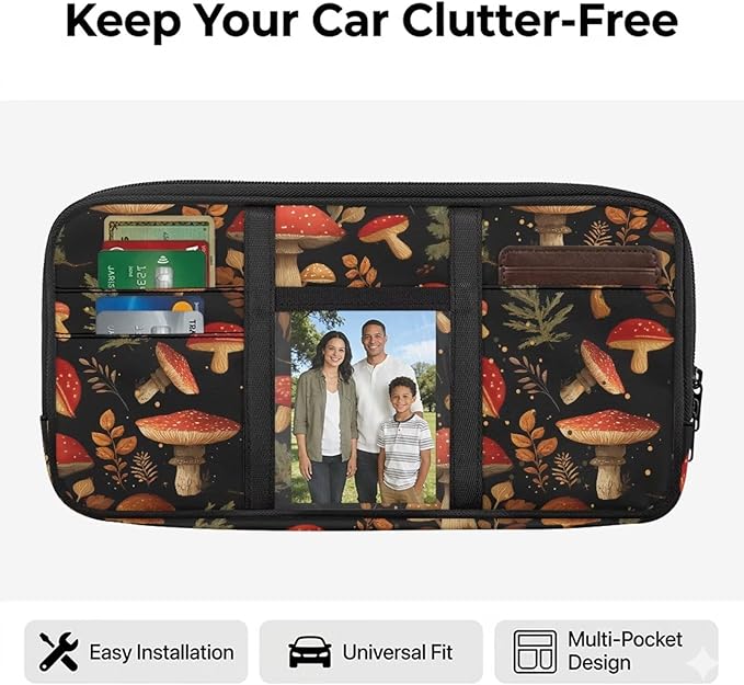 Mushroom Car Sun Visor Organizer, Multi-Pocket Car Truck SUV Storage Pouch Holder Elastic Bands Universal Fit Document Holder for Registration