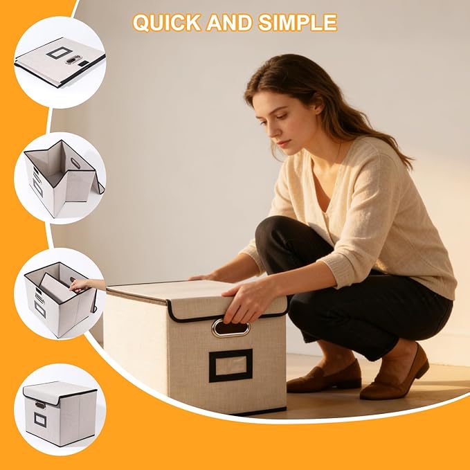 Large Square Storage Bin with Lid, Foldable Organizer Box with Handles & Label Design, for Office, Closet, Home, Documents, G