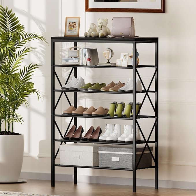 6 Tiers Shoe Rack, Large Capacity Shoe Rack Holds 32 Pairs of Shoes, Durable and Stable, Adjustable Metal Shelf Stackable Sho