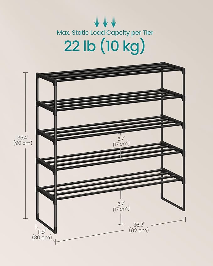 SONGMICS Shoe Rack, 5-Tier Shoe Organizer, Metal Storage Shelf, Upright or Upside Down, for 20-25 Pairs, Stackable, for Entry