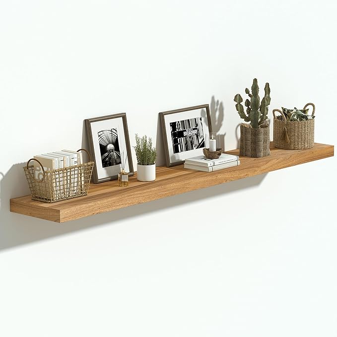 Vivelove Elm Wood Floating Shelves, Wooden Shelves for Wall with Invisible Bracket for Living Room Bedroom Bathroom Office Bo