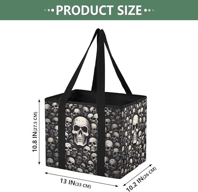 Skull Black Reusable Grocery Bags Large Shopping Tote Bag with Reinforced Bottom Board, Water Resistant Foldable Storage Bags