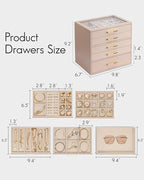 VLANDO 5 Layer Jewelry Box for Women, Glass Lid Jewelry Organizer with 5 Drawers for Necklaces Rings Earrings Bracelets - Tof