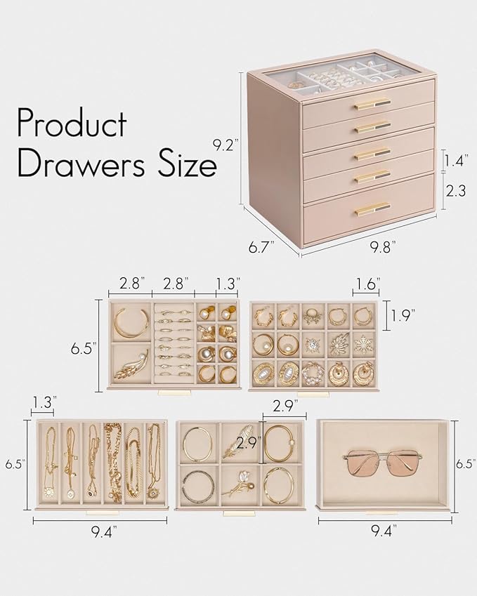 VLANDO 5 Layer Jewelry Box for Women, Glass Lid Jewelry Organizer with 5 Drawers for Necklaces Rings Earrings Bracelets - Tof