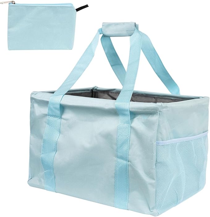 Extra Large Utility Tote Bag - Oversized Collapsible Tote with Wire Frame, Durable Reusable for Beach, Groceries, Laundry, Car Trunk, Storage and Travel - Includes 5x7 Bag with Hook - Light Blue