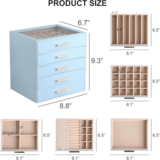 Frebeauty Clear Lid Jewelry Box,5-Layer Jewelry Organizer with Drawer,PU Leather Jewelry Organizers and Storage,Jewelry Boxes